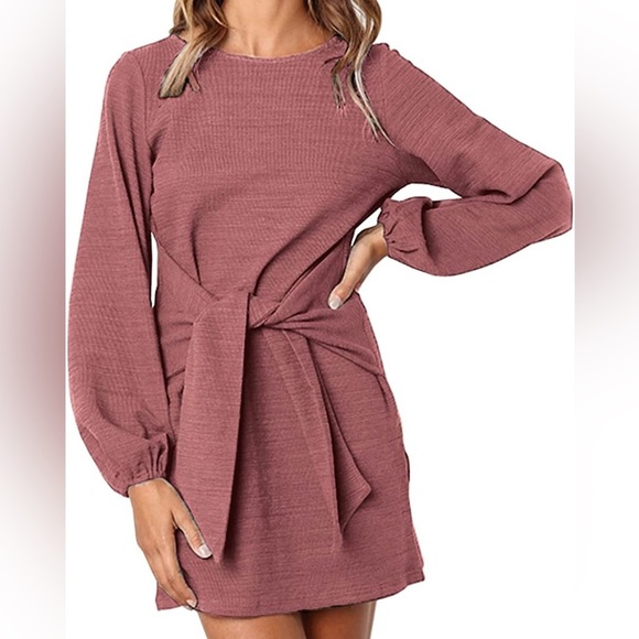 Lionstill Long Lantern Sleeve Crewneck Tie Waist Knit Cocktail Dress Sz.Med - Picture 1 of 5